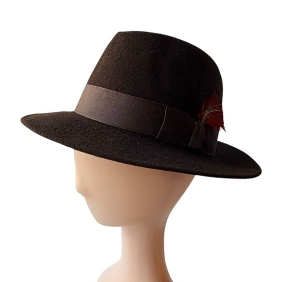 Vintage 1950s Style Mens Micro Felt Brown Wool Fedora Red Feather Accent - Picture 5 of 8